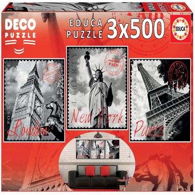 Educa 17096 Big Cities, 3 x 500-Piece Decorative Puzzle Set for Adults and Kids 10+, London, New York, Paris