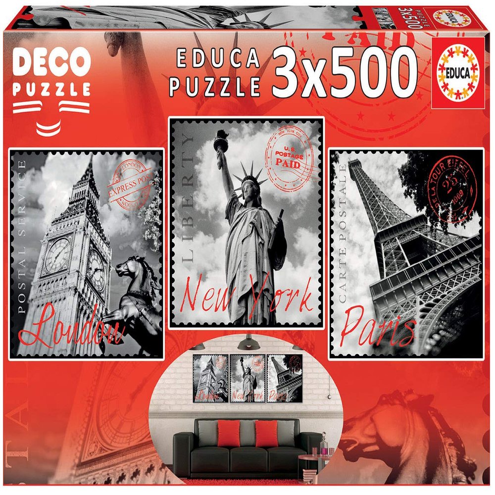 Educa 17096 Big Cities, 3 x 500-Piece Decorative Puzzle Set for Adults and Kids 10+, London, New York, Paris