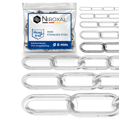 V4A/A4 Stainless Steel Long-Link Chain DIN 763/DIN 5685, 6 mm x 5 m