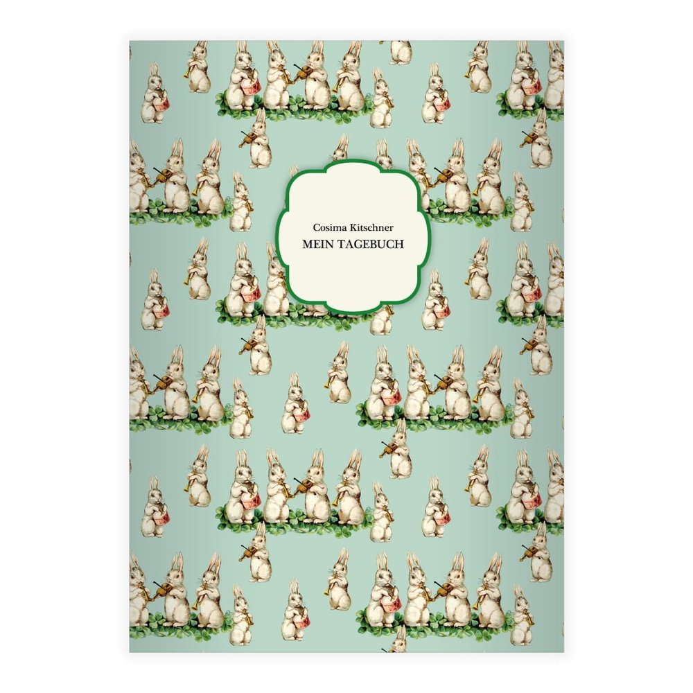 Kartenkaufrausch Personalized Retro DIN A4 Notebook with Musical Bunnies, Turquoise, Format 20 Blank