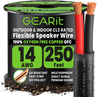 GearIT Outdoor OFC Speaker Wire, 2 x 2.5 mm², 250 ft, Black, 14 AWG