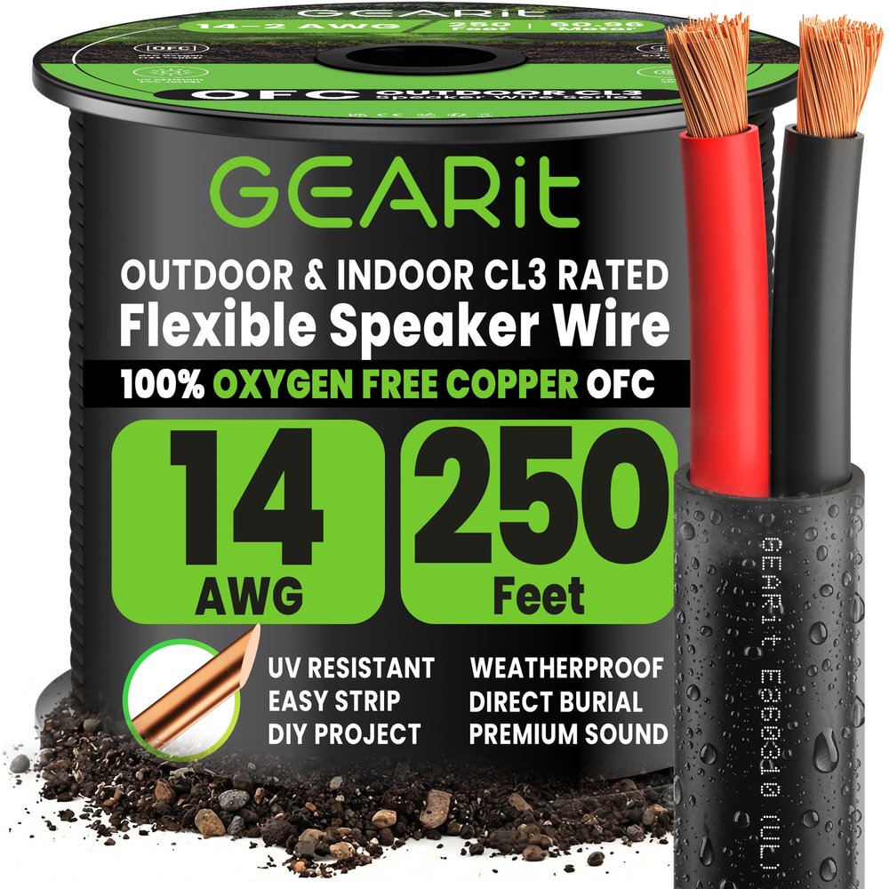 GearIT Outdoor OFC Speaker Wire, 2 x 2.5 mm², 250 ft, Black, 14 AWG