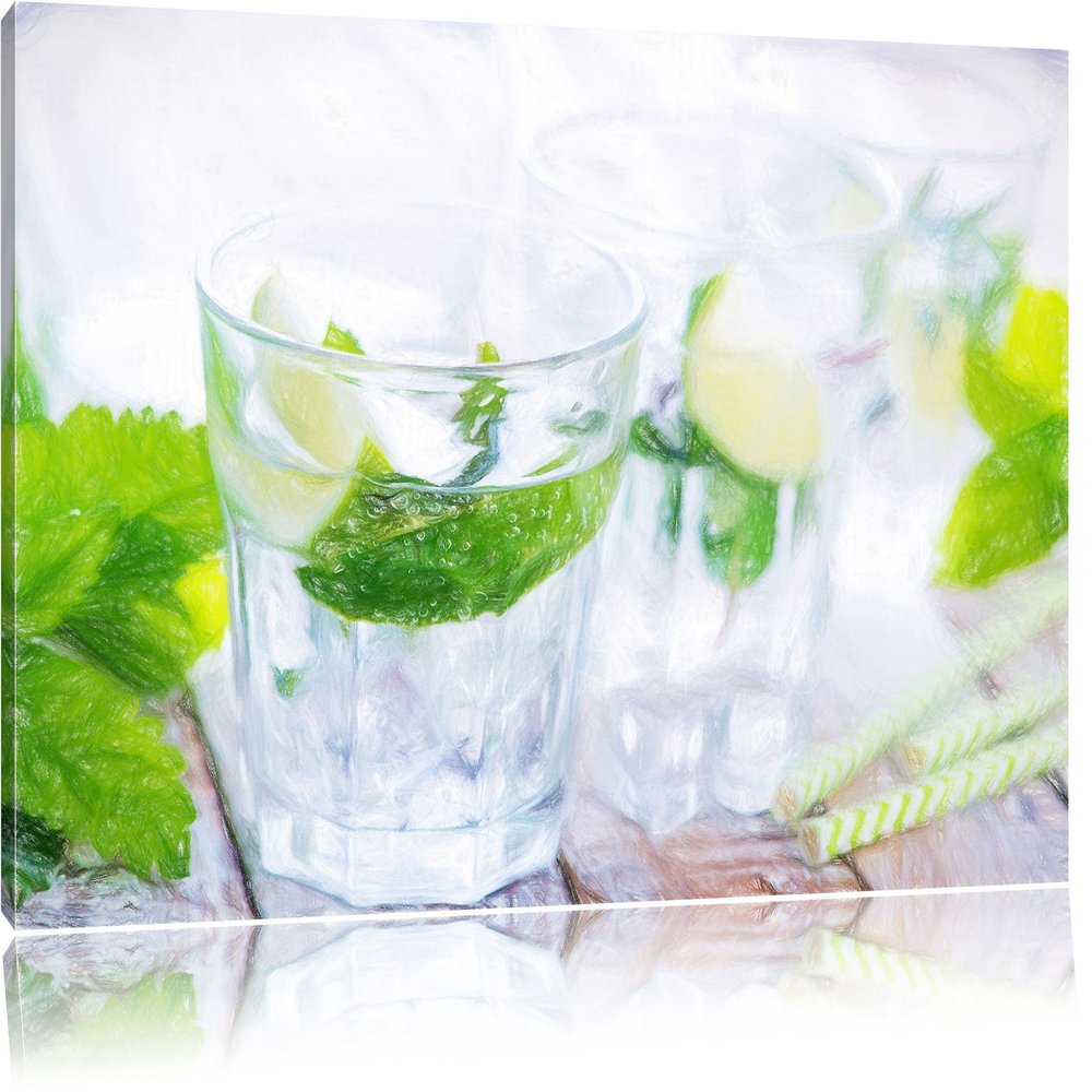 Pixxprint Mojito Glasses with Mint, Colored-Pencil Effect, 80 x 60 cm Stretched Canvas Wall Art, Not a Poster