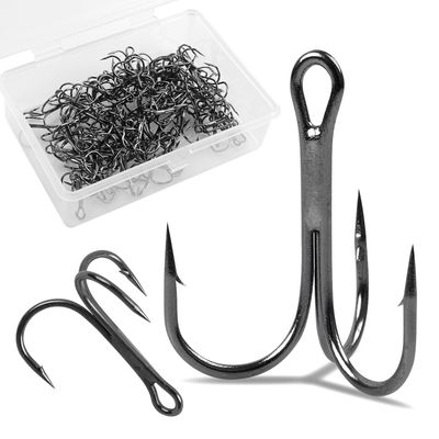 100-Piece Black Carbon Steel Treble Fishing Hooks, Small Round Bend, Size 10