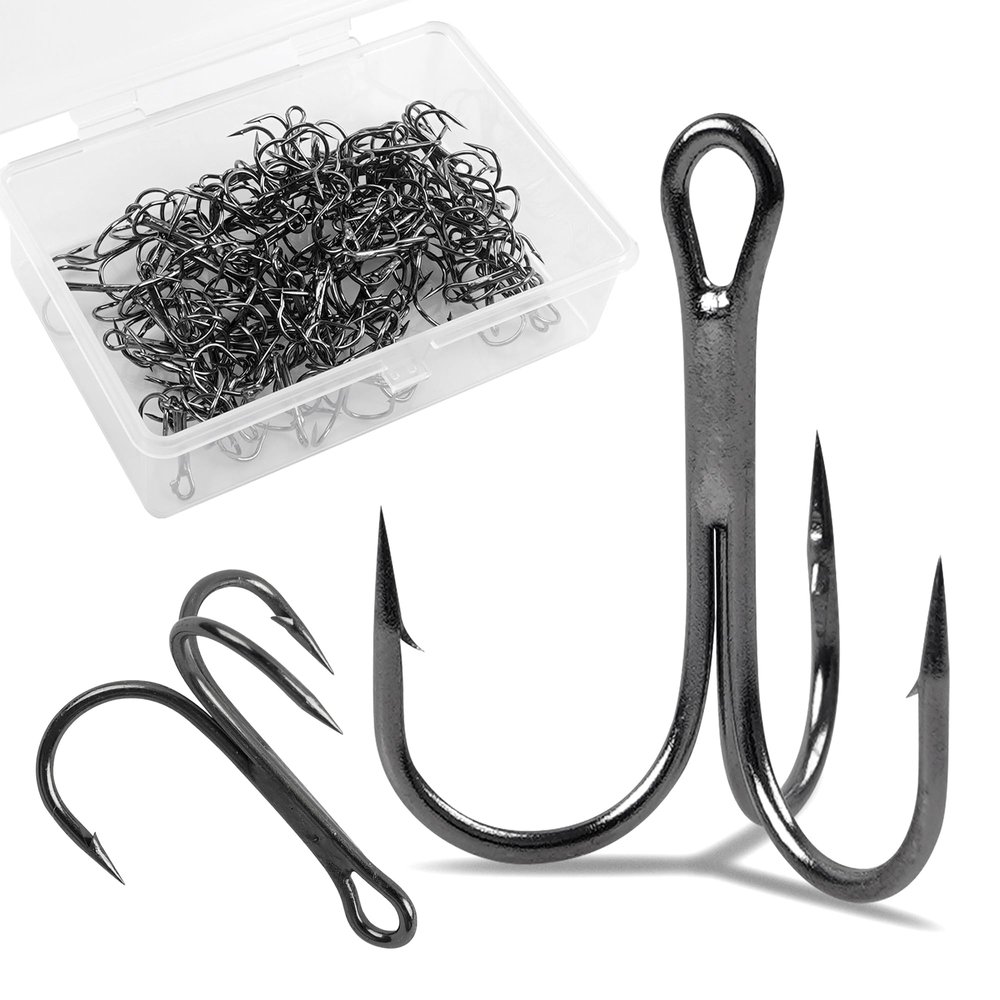 100-Piece Black Carbon Steel Treble Fishing Hooks, Small Round Bend, Size 10