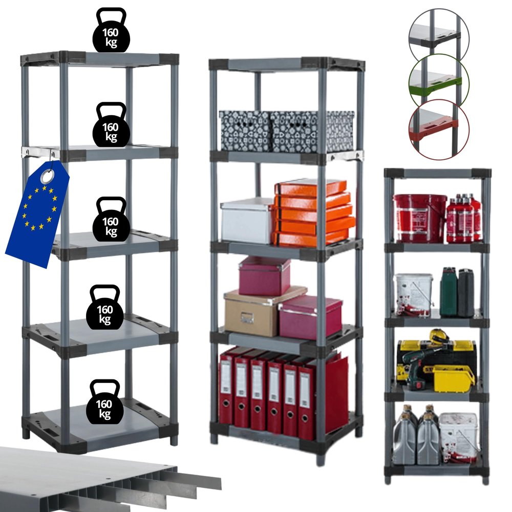 MODO24 Tytan Reinforced Plastic Shelving Unit, 180 x 70 x 46 cm, 5 Shelves, 160 kg