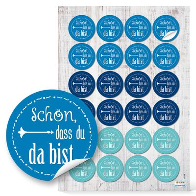 Logbuch-Verlag 24 “Nice That You’re Here” Stickers, Blue/Turquoise/White, 4 cm