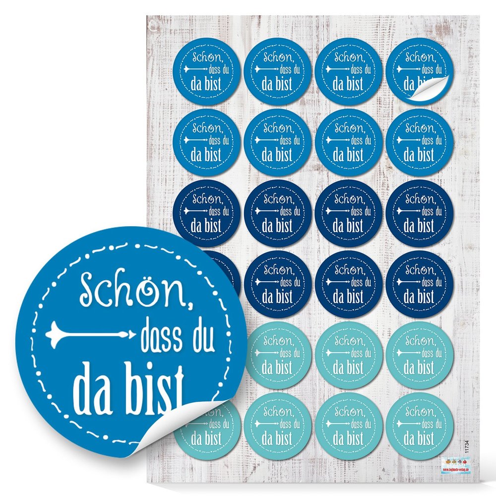 Logbuch-Verlag 24 “Nice That You’re Here” Stickers, Blue/Turquoise/White, 4 cm
