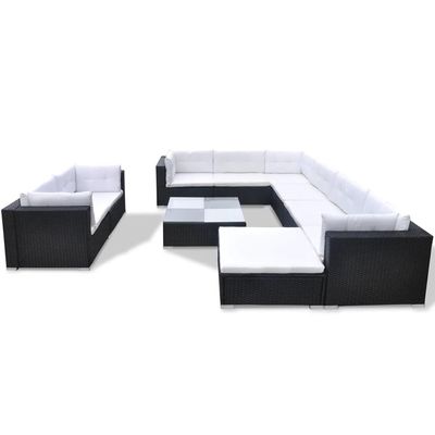vidaXL 10-Piece Patio Lounge Set with Cushions, Black Poly Rattan