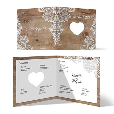 Laser-Cut Wedding Menu Cards (40 pcs) - Rustic Wood Look with White Lace