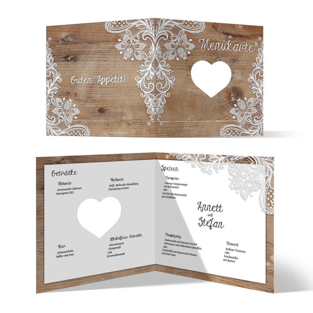Laser-Cut Wedding Menu Cards (40 pcs) - Rustic Wood Look with White Lace