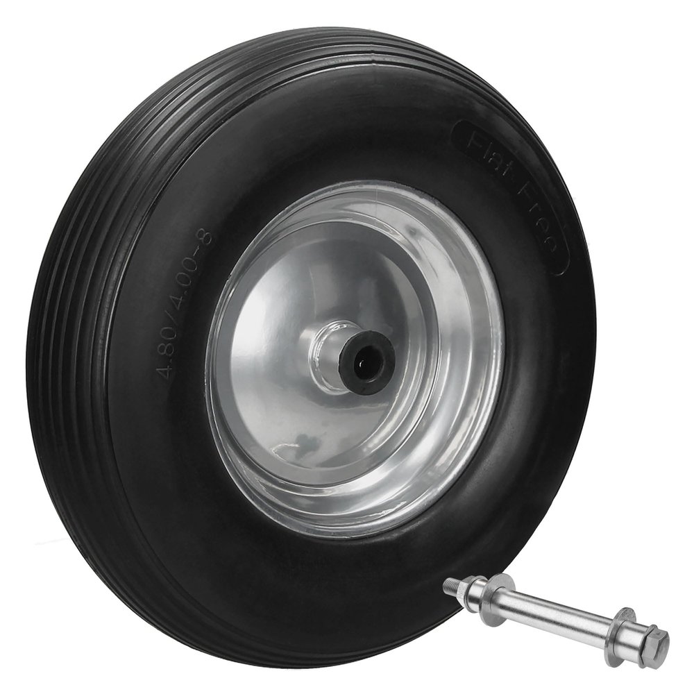 ECD Germany Puncture-Proof PU Solid Rubber Wheel with Axle for Wheelbarrows, 4.80/4.00-8, 390 mm, Black, 200 kg
