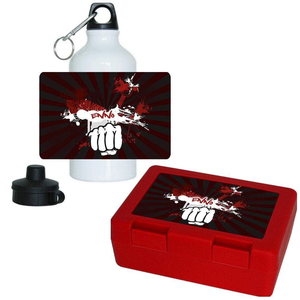 Eurofoto Lunch Box and Water Bottle Set with Name Enno, Dark Red Rays and Fist Design