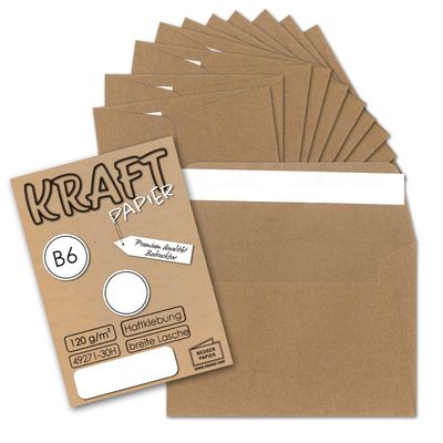 50 Vintage Kraft Envelopes, DIN B6, 125 x 176 mm, Brown, 120 gsm, Self-Seal