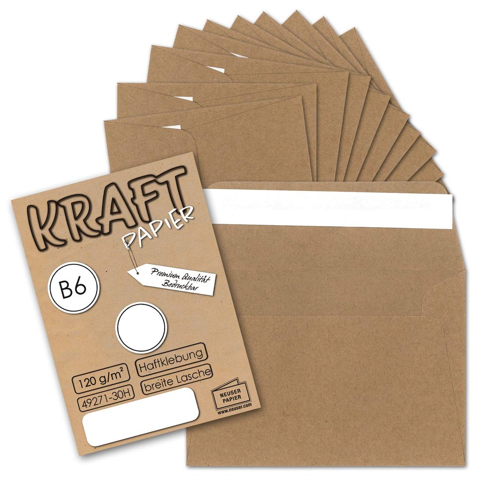 50 Vintage Kraft Envelopes, DIN B6, 125 x 176 mm, Brown, 120 gsm, Self-Seal