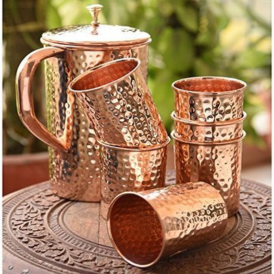 Terashopee Ayurvedic Copper Water Pitcher Set with 6 Water Glasses, 1 Pitcher, 1.6-L Capacity