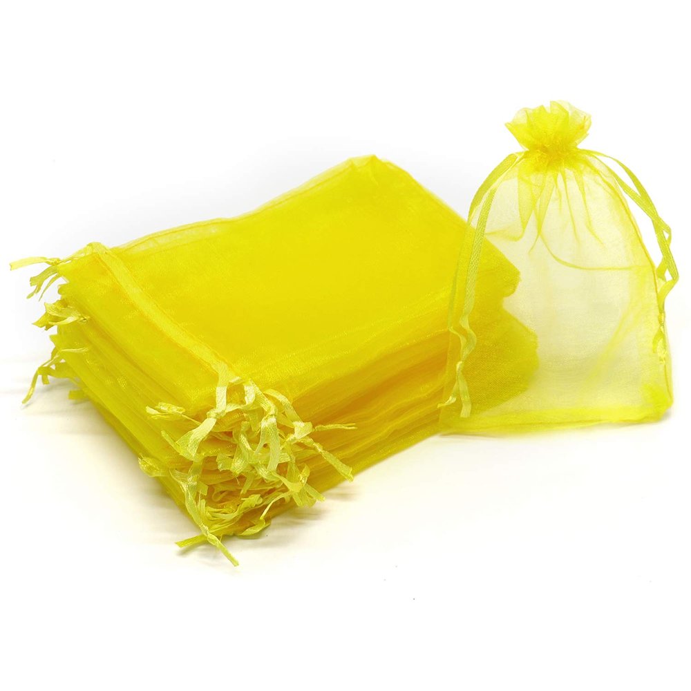 Bezall 100 Yellow Organza Bags, 8.9 x 11.4 cm, Sheer Drawstring Wedding, Jewelry, Candy, Party, Festival, and Gift Bags