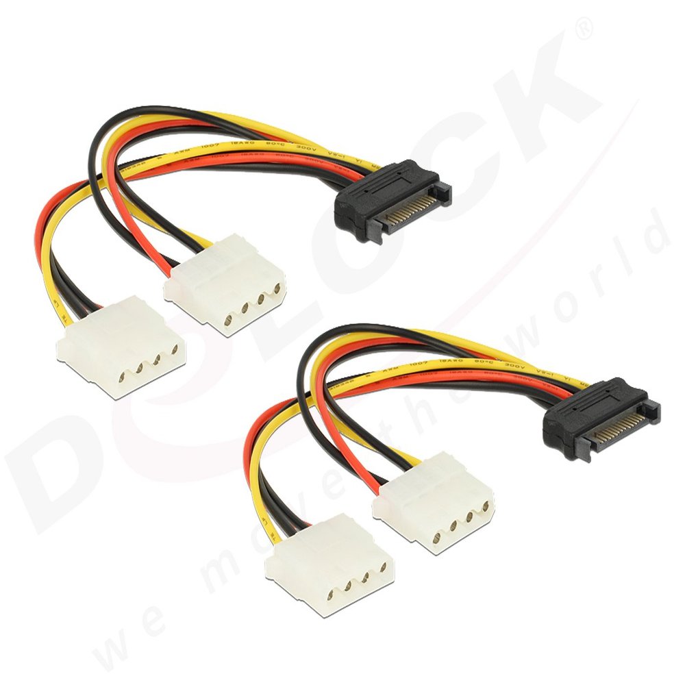 2-Pack Delock SATA Power Cable, 15-Pin to 2x 4-Pin Molex Female, 20 cm