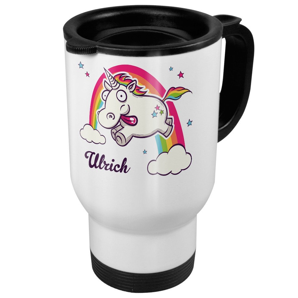 PrintPlanet White Travel Mug with Name Ulrich – Crazy Unicorn