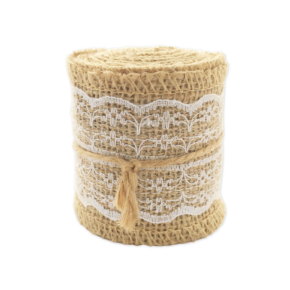 LWR CRAFTS Natural Jute Ribbon with Lace, White, 2 m x 6 cm
