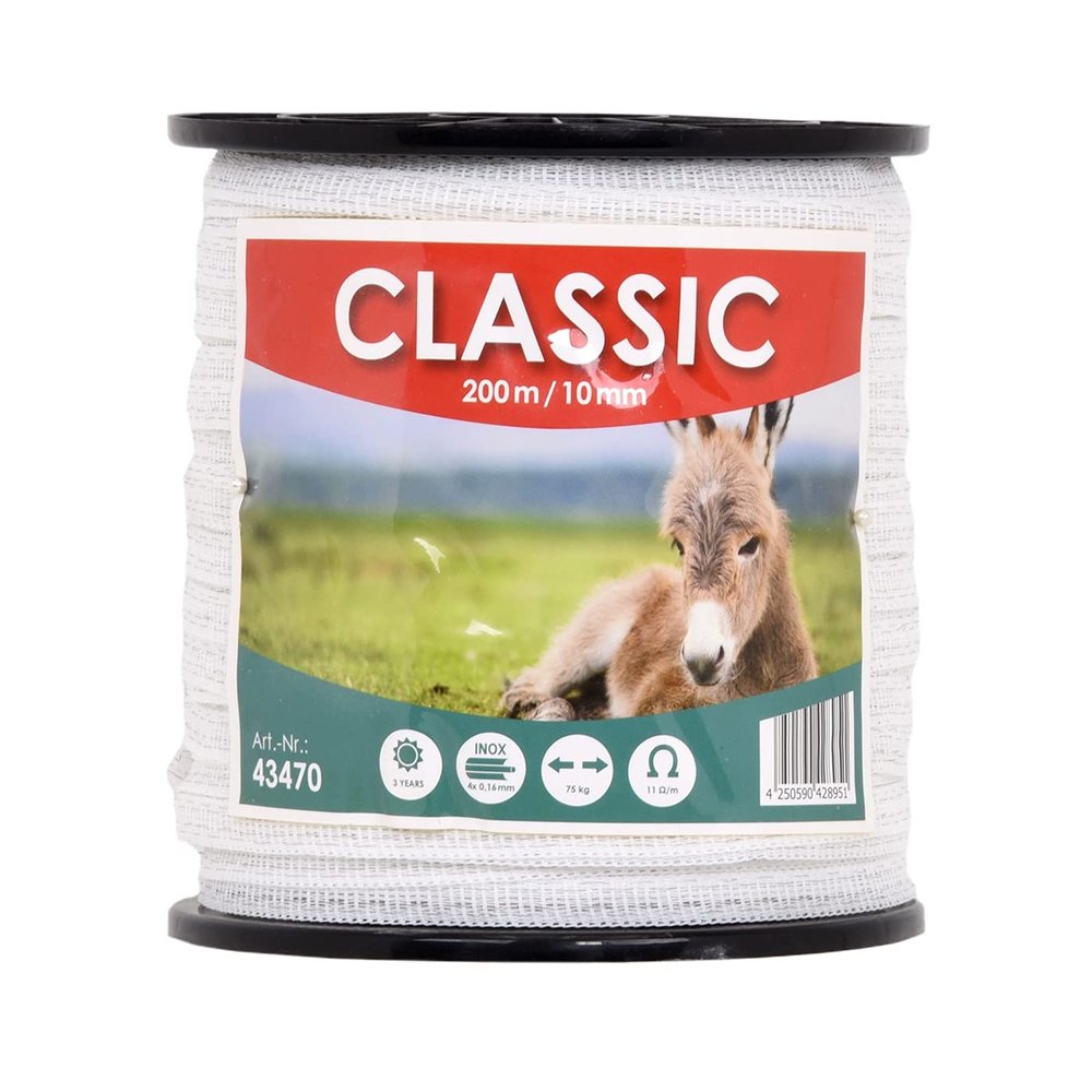 VOSS.farming 10 mm Classic Electric Fence Tape, 8 x 0.16 mm Stainless Steel, White, 600 m Set