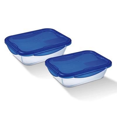 Pyrex Cook&Go Rectangular Food Storage Containers, 80/170 cl, Clear with Blue Lids, 2-Pack