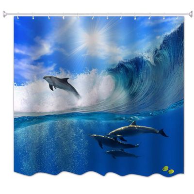 A.Monamour Blue Ocean Dolphin Surfing Waves Polyester Shower Curtain, 60 x 72 in