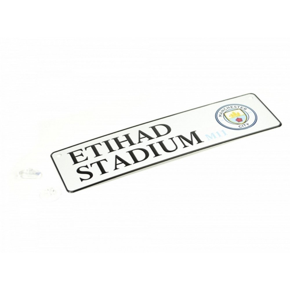 Manchester City FC Metal Sign with Official Club Crest and Stadium Address (One Size) (White)