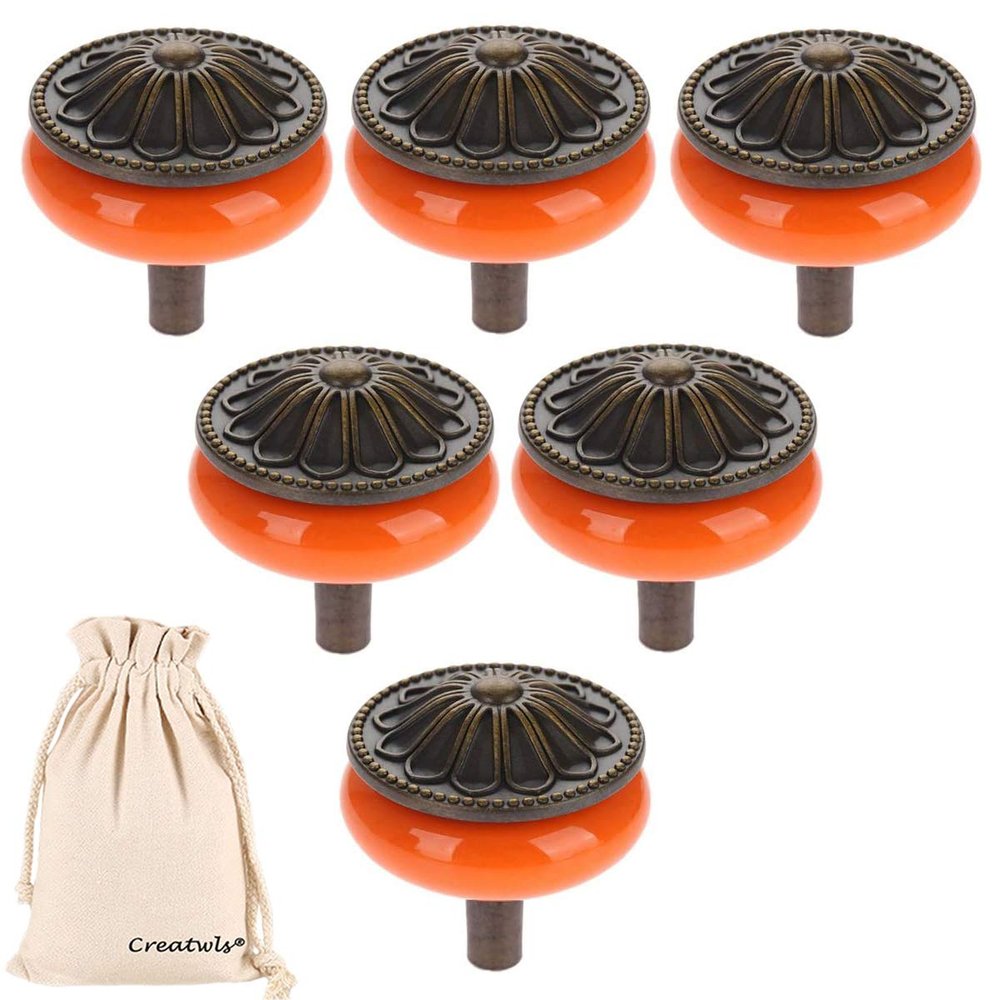 Creatwls 6PCS Vintage Ceramic Round Kitchen Cabinet Drawer Knobs, Wardrobe Pull Handles, Orange