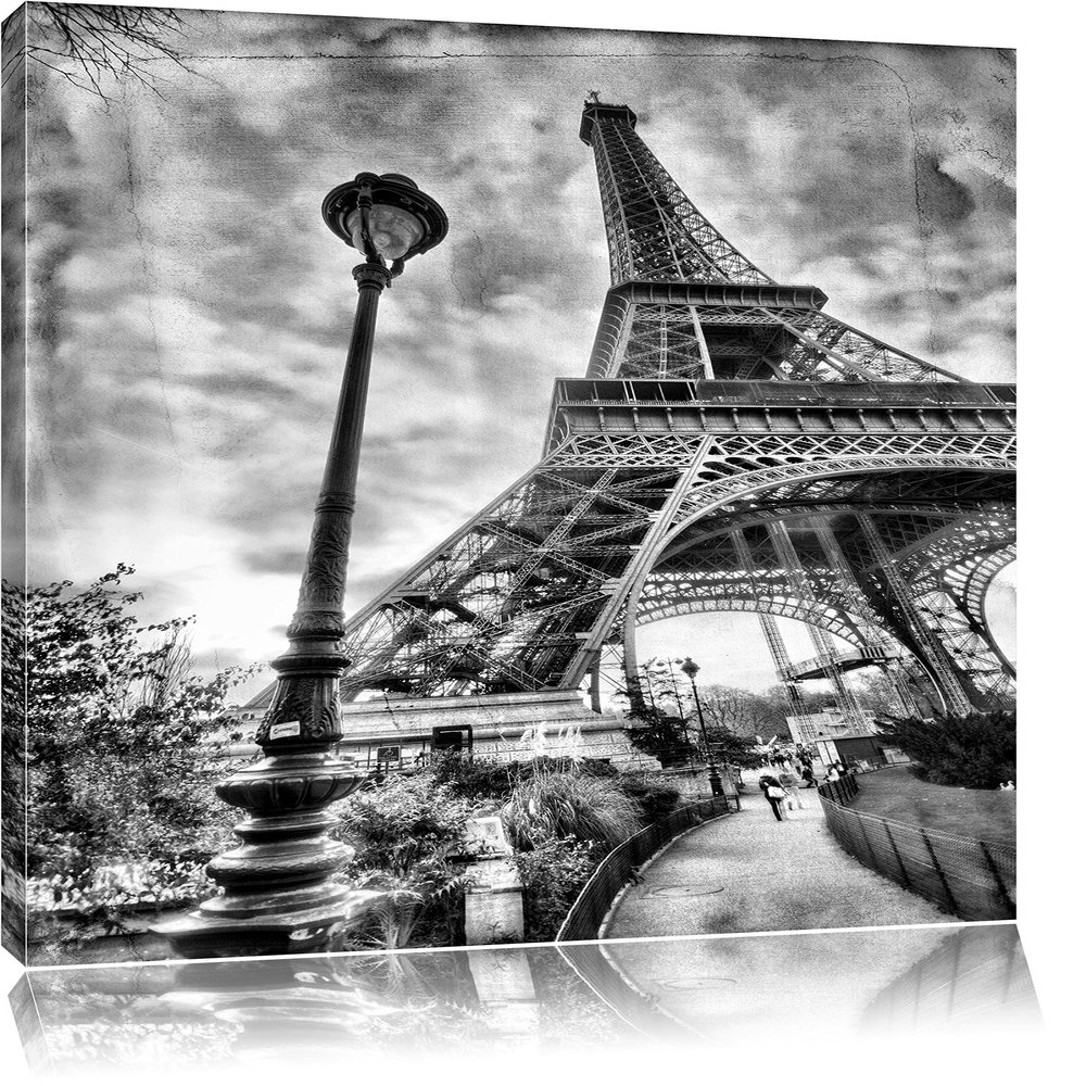 Pixxprint Monocrome Retro Paris Eiffel Tower, 80 x 60 cm Canvas Wall Art, Stretched, Not a Poster