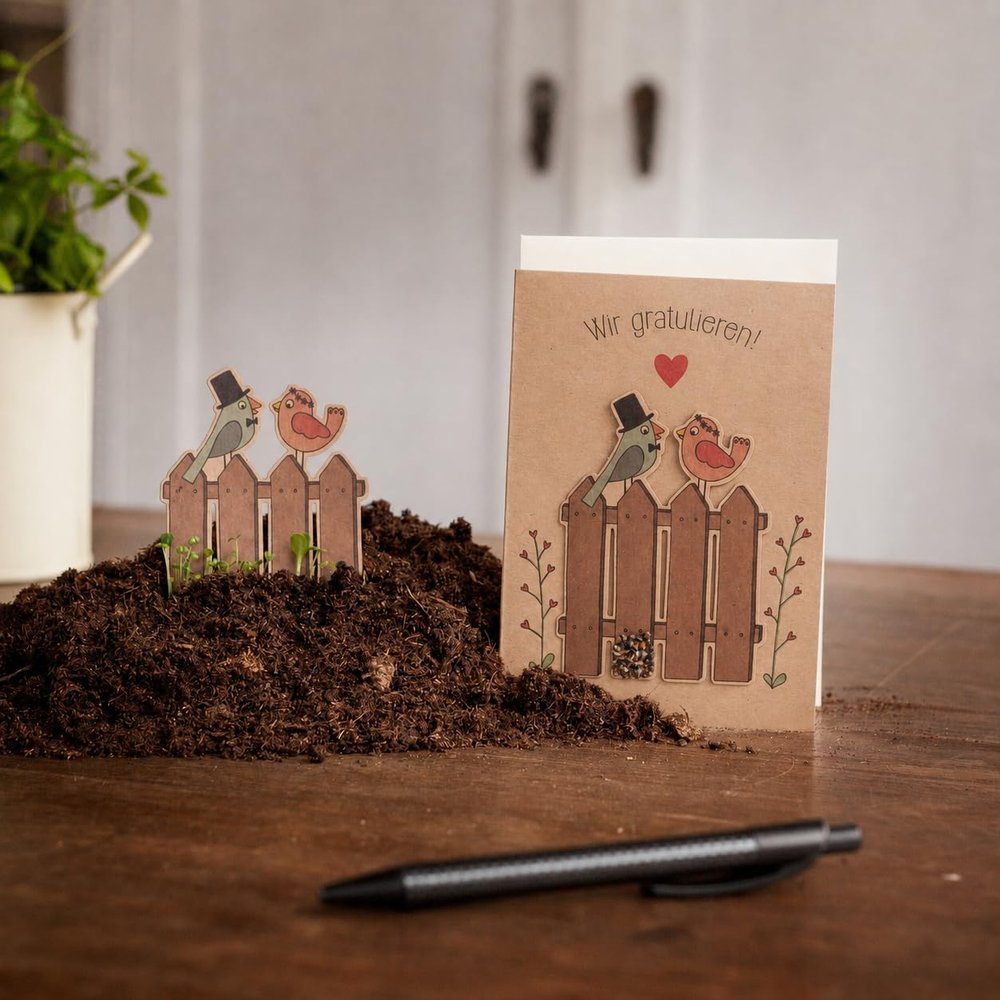 Die Stadtgärtner Wedding Card with Seed Tag, Bird Motif, Wildflower Seeds, and Envelope, 10.5 x 14.8 cm (A6)