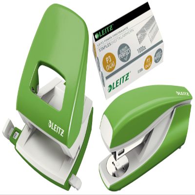 Leitz 5008 NeXXt Metal Hole Punch, 30 Sheets, Combo Set with Stapler + 1,000 Staples, Light Green