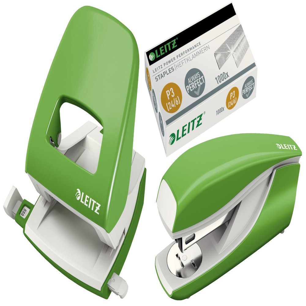 Leitz 5008 NeXXt Metal Hole Punch, 30 Sheets, Combo Set with Stapler + 1,000 Staples, Light Green