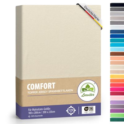 leevitex Premium Topper Fitted Sheet 180x200–200x220 cm | 18 cm Drop | For Toppers & Box Spring Beds | 100% Mako Jersey Cotton | OEKO-TEX Certified | 170 g/m² | Cream/Natural White