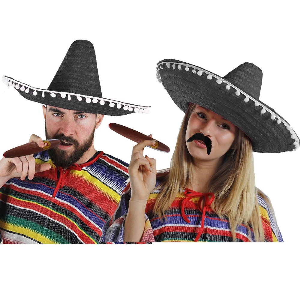 Mexican Couple Costume Set: 2 Ponchos, 2 Black Sombreros with Small White Pom-Poms, 2 Plastic Cigars and 2 Self-Adhesive Mustaches