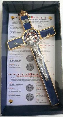GTBITALY 10.004.21 Blue Enamelled Saint Benedict Cross, Gold-Colored, 20 cm, with Gift Box