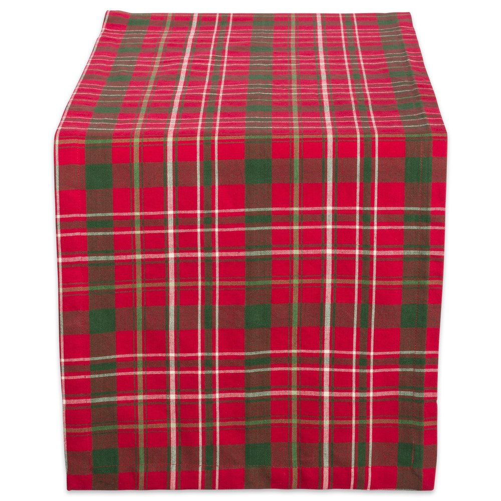 DII Holiday Tartan Holly Plaid Cotton Table Runner, Red/Green, 14 x 108 in