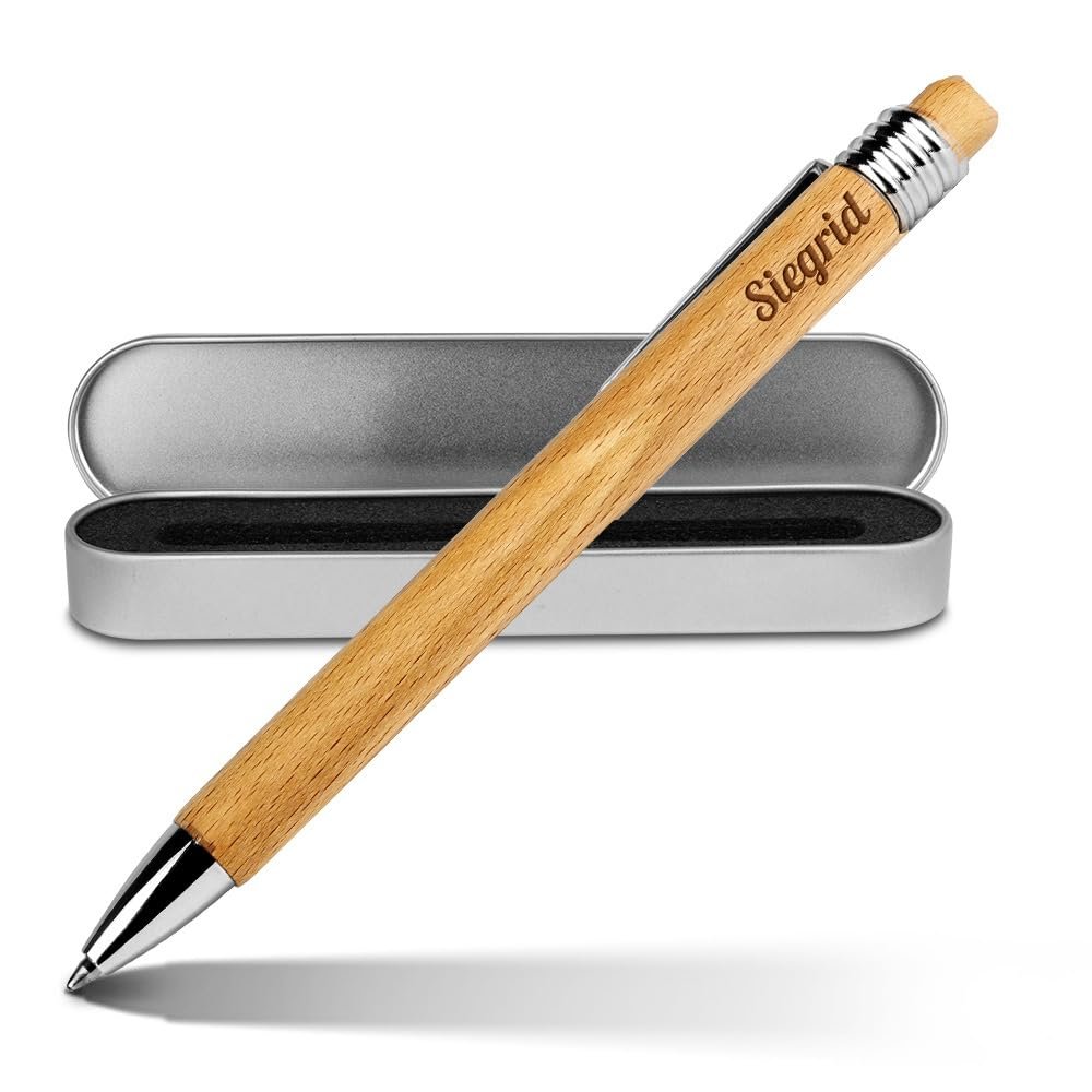 printplanet Siegrid Personalized Wooden Ballpoint Pen with Engraving and Metal Gift Tin