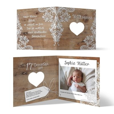 Laser-Cut Birth Thank-You Cards (10) – Rustic with White Lace