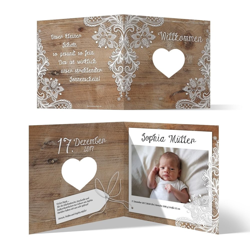 Laser-Cut Birth Thank-You Cards (10) – Rustic with White Lace