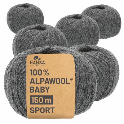 HANSA-FARM 100% Baby Alpaca Yarn, Dark Gray, 300 g Set (6 x 50 g)