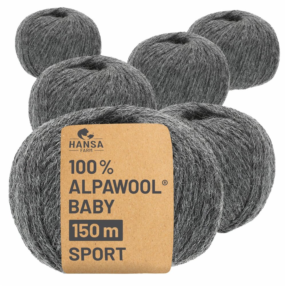HANSA-FARM 100% Baby Alpaca Yarn, Dark Gray, 300 g Set (6 x 50 g)