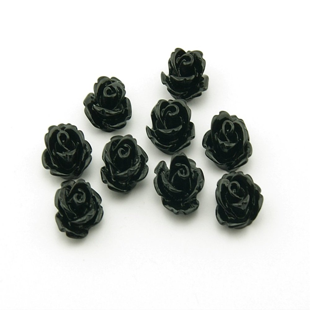 10 Black Rose Resin Cabochons, 10 mm