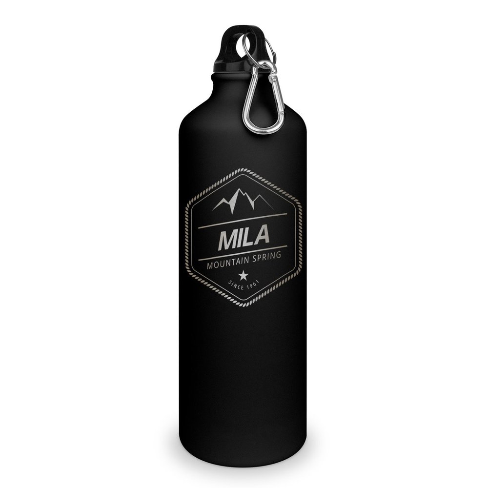 printplanet Mila Water Bottle with Name - Engraved Adventure Design, Aluminum Sports Bottle - Matte Black