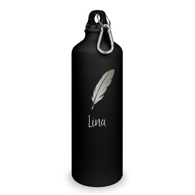 printplanet Water Bottle with Name Lina – Matte Black, Engraved Feather Design