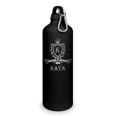 printplanet Kaya Water Bottle with Engraved Coat-of-Arms Monogram, Matte Black Aluminum Sports Bottle