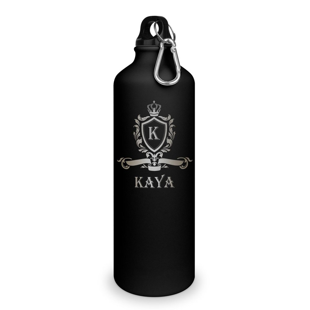 printplanet Kaya Water Bottle with Engraved Coat-of-Arms Monogram, Matte Black Aluminum Sports Bottle