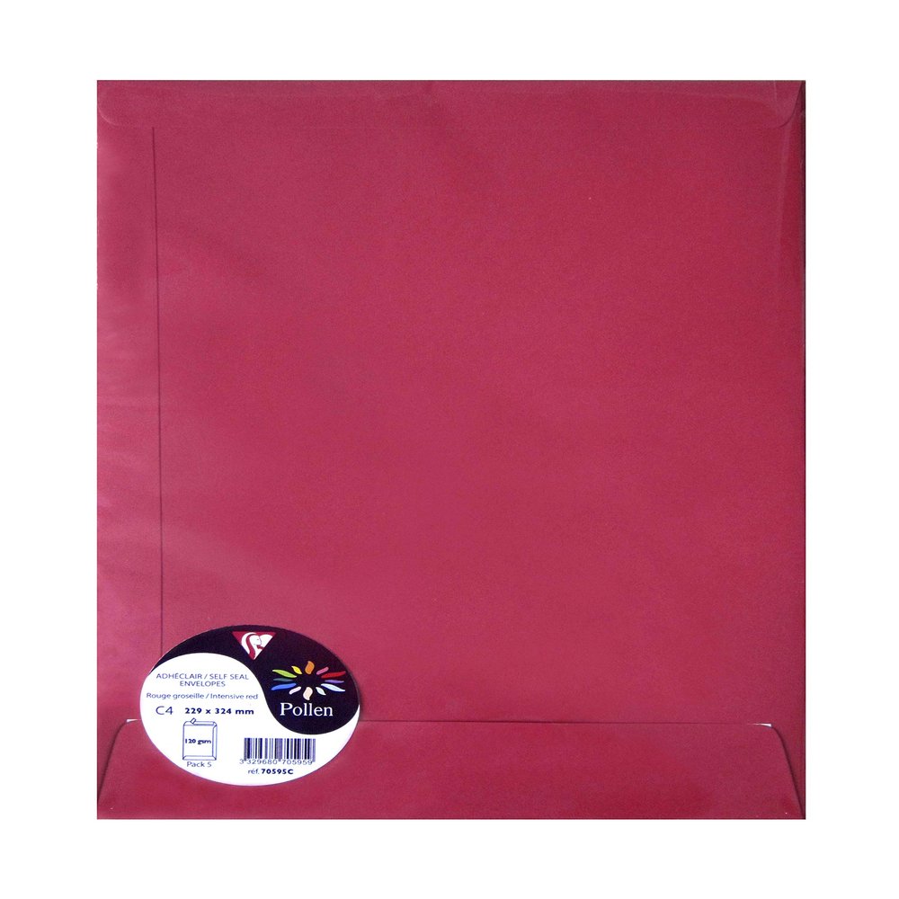 Clairefontaine 70595C Pollen Self-Sealing Envelopes, 5 Pack, 9 x 12.8 in, 120 gsm, Raspberry Red