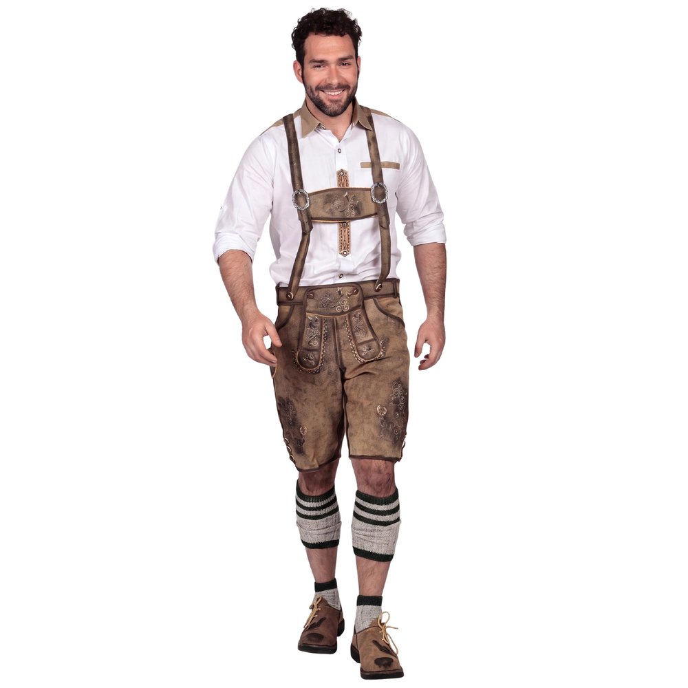 Oktoberfest Bavarian Men's Short Lederhosen | Traditional German Outfit, Brown (EU 50 / UK-US 33-34)