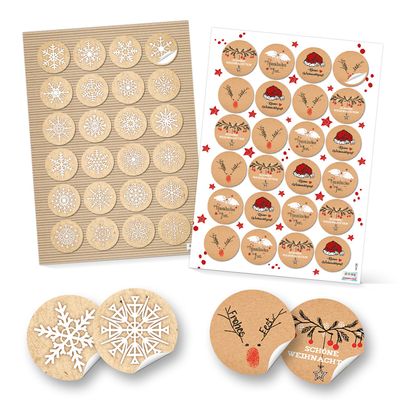 48 Round Merry Christmas Stickers, Red and White, 4 cm